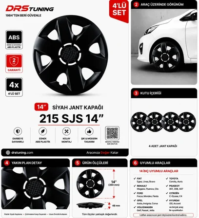 Renault Uyumlu 14 Inc Kırılmaz Parlak Siyah Jant Kapağı 1 Takım 4 Adet No:215