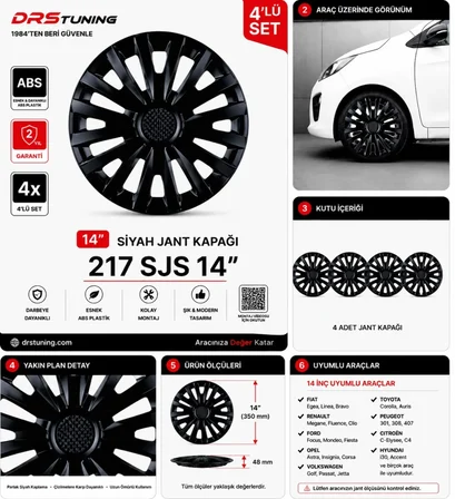 Hyundai Uyumlu 14 Inc Kırılmaz Parlak Siyah Jant Kapağı 1 Takım 4 Adet No:217