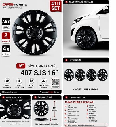 Ford Uyumlu 16 Inc Kırılmaz Parlak Siyah Jant Kapağı 1 Takım 4 Adet No:407
