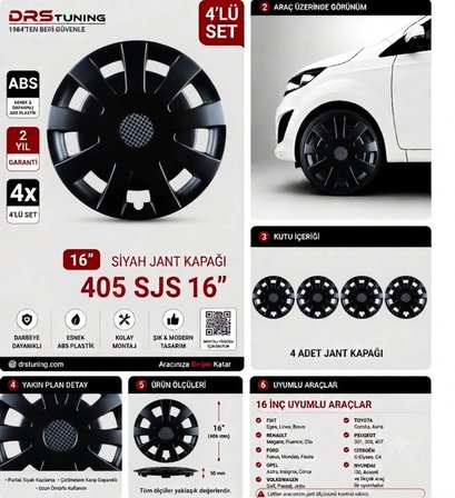 Fiat Uyumlu 16 Inc Kırılmaz Parlak Siyah Jant Kapağı 1 Takım 4 Adet No:405