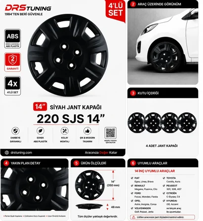 Honda Uyumlu 14 Inc Kırılmaz Parlak Siyah Jant Kapağı 1 Takım 4 Adet No:220