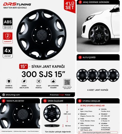 Seat Uyumlu 15 Inc Kırılmaz Parlak Siyah Jant Kapağı 1 Takım 4 Adet No:300