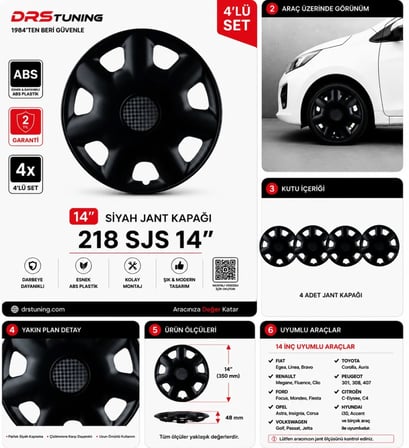 Honda Uyumlu 14 Inc Kırılmaz Parlak Siyah Jant Kapağı 1 Takım 4 Adet No:218