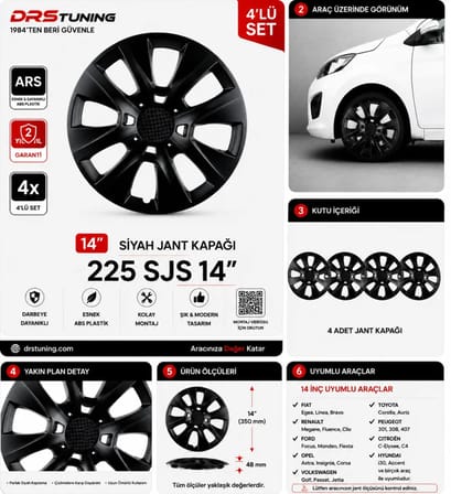 Chevrolet Uyumlu 14 Inc Kırılmaz Parlak Siyah Jant Kapağı 1 Takım 4 Adet No:225