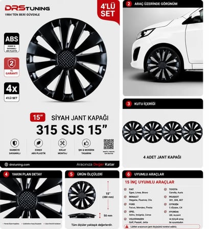 Volkswagen Uyumlu 15 Inç Kırılmaz Parlak Siyah Jant Kapağı 1 Takım 4 Adet No:315
