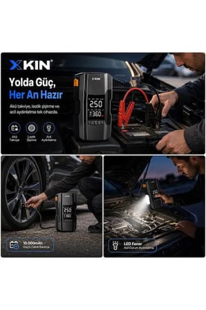 Xkin - 4in1 Akü Takviye Cihazı  - 10.000 Mah Powerbank Özellikli -  Çantalı Hava Kompresörü