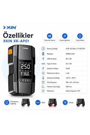 Xkin - 4in1 Akü Takviye Cihazı  - 10.000 Mah Powerbank Özellikli -  Çantalı Hava Kompresörü
