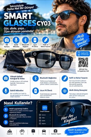 CY03 Kameralı Akıllı Gözlük - Bluetooth – Hd Fotoğraf Video Çekimi - Müzik - Telefon Görüşmesi -  Sesli Asistan