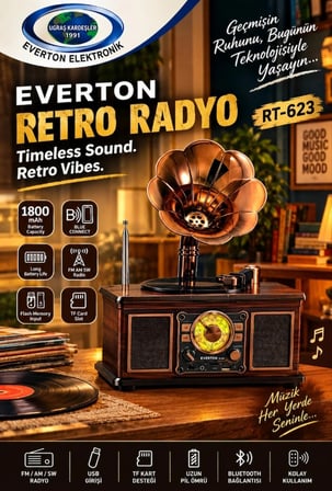 Everton Rt-623  Nostaljik Radyo - Büyük Boy - Gramafon Aksesuarlı - Bluetooth - Usb -Aux - Fm Radyo -Tf/Sd Kart Girişli