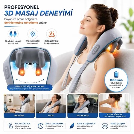 Titreşimli Omuz ve Boyun Masaj Aleti Isıtıcılı 3D Yoğun Masaj Başlığı