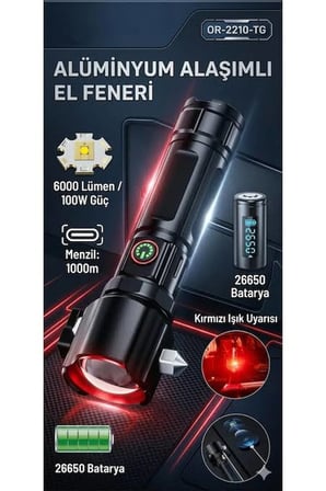 Gold Orion OR-2210-TG 1000 Lümen Dijital Göstergeli Şarjlı El Feneri