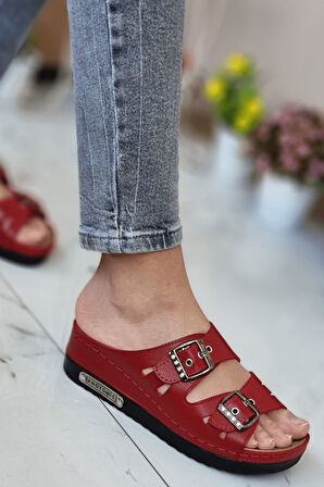 Darma Kadın Günlük Terlik Çift Bant Taşlı Tokalı Ortopedik Taban Anne Dışarı & Ev İçi Terliği