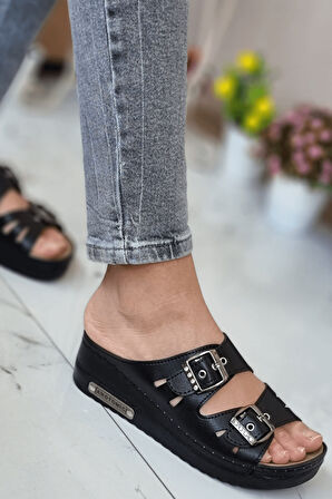 Darma Kadın Günlük Terlik Çift Bant Taşlı Tokalı Ortopedik Taban Anne Dışarı & Ev İçi Terliği