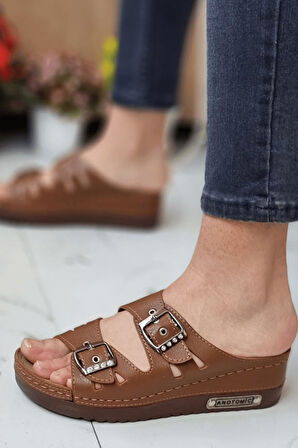 Darma Kadın Günlük Terlik Çift Bant Taşlı Tokalı Ortopedik Taban Anne Dışarı & Ev İçi Terliği