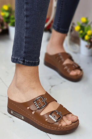 Darma Kadın Günlük Terlik Çift Bant Taşlı Tokalı Ortopedik Taban Anne Dışarı & Ev İçi Terliği