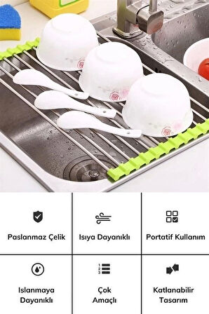 İpek Yıldızı® Evye Üstü Katlanır Nihale Paslanmaz Çelik Pratik Sebze Meyve Bulaşık Kurutma Süzgeci