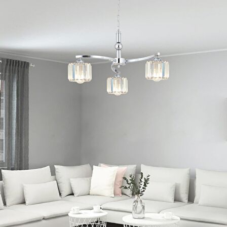 Amir 3 Kollu Krom Kaplama Kristalli Taşlı Modern Tasarım Kristal Salon Avize