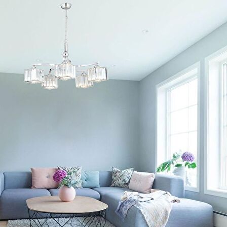 Rima 5 Kollu Krom Kaplama Kristalli Taşlı Modern Tasarım Salon-Yatak Odası Kristal Salon Avize