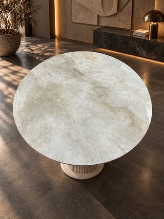IMOBSAN Seramik Yuvarlak Masa 90x80 cm – Seramik Tabla, %100 MDF Vizon Bej Ayak