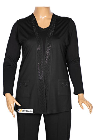 Hesna Kadın Tansu Taşlı Cepli Penye Siyah Yelek