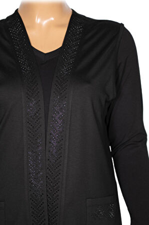 Hesna Kadın Tansu Taşlı Cepli Penye Siyah Yelek