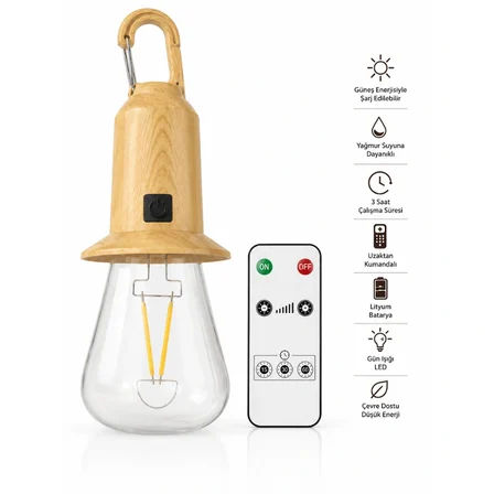 LED Kamp - Çadır - Iç ve Dış Mekan Lambası - Kumandalı - Askı Kancalı -Güneş Enerjisi ve USB Şarjlı - Su Geçirmez