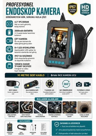 10 Metre Çift Kameralı Ekranlı Endoskop Kamera 4.3'' Ips Lcd 1080p Hd 8mm Ip67 Su Geçirmez Boru Tesisat İçin Yılan Kamera