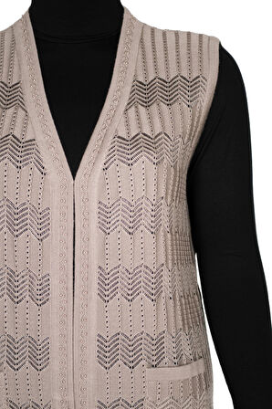 Hesna Kadın Gökçe Triko Ajurlu Boncuklu Cepli Taş Beji Yelek