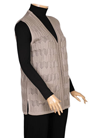 Hesna Kadın Gökçe Triko Ajurlu Boncuklu Cepli Taş Beji Yelek