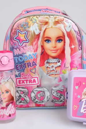 x Dekomus Lisanslı Barbie "Extra Glam Collection" Tek Bölmeli Küçük Boy 35 Cm Anaokul Çantası, Beslenme Kabı Ve Tritan Matara Seti