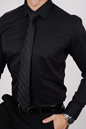 Gömlek Kravat Seti ( sunda Siyah Baklava Desenli Kravat & Siyah Saten Slimfit Gömlek)