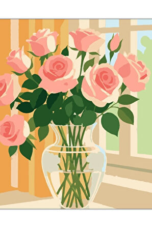 Sayılarla Boyama Seti 40x50 Cm (Çıtalı) Fırça Boya Dahil Numaralı Tuval Cam Vazo Pembe Gül