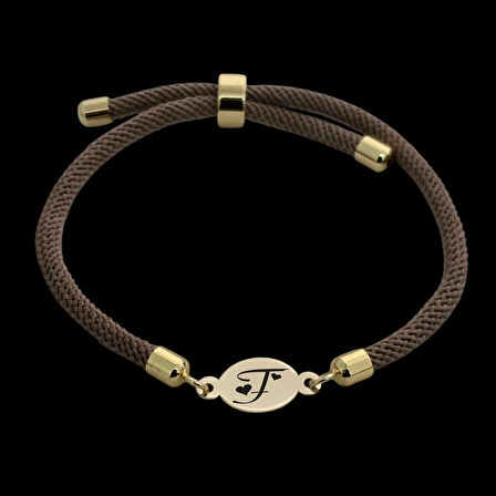 F Harfine Özel İpek Örgülü Oval Motifli 14 Ayar Altın Plakalı Hediye Bileklik-341harf-kahverengi