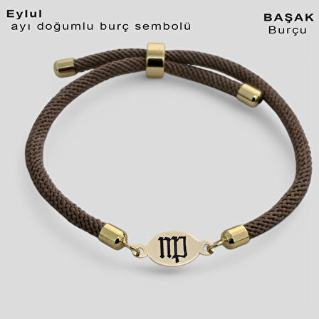 Eylül Ayı Doğumları İçin Örgülü Oval Motifli 14 Ayar Altın Plakalı Hediye Bileklik-341ay-kahverengi