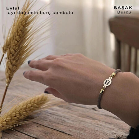 Eylül Ayı Doğumları İçin Örgülü Oval Motifli 14 Ayar Altın Plakalı Hediye Bileklik-341ay-kahverengi