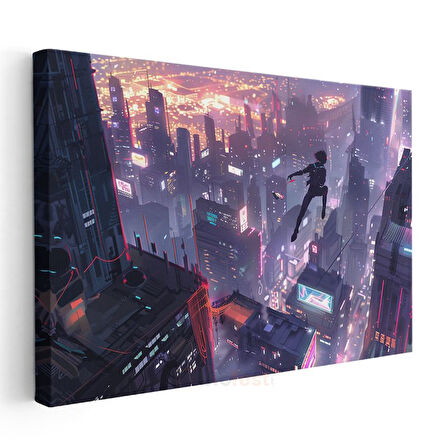 Cyberpunk Atlayış - Gece Şehri Anime Kanvas Tablo
