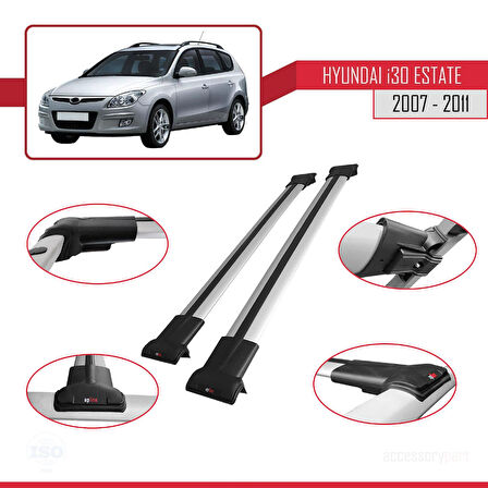 Hyundai i30 (FD) SW 2007-2011 Arası ile Uyumlu FLY Model Ara Atkı Tavan Barı Gri 2 Adet