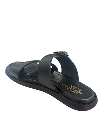 6057 Erkek Siyah Deri Parmak Arası Tokalı Terlik