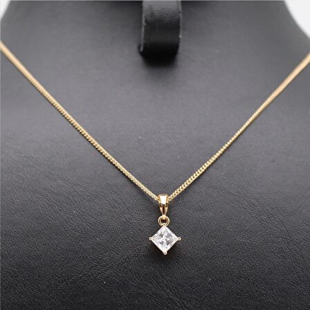 Kare Tek Taş Yatay Kolye Gold