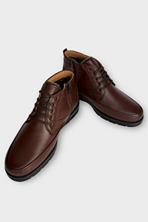 Erkek Hakiki Deri İçi Kürklü Fermuarlı Bot KAHVERENGİ