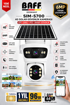 Baff SIM-5700 6MP 4G SIM Kartlı Solar Güvenlik Kamerası Çift Lens PTZ Renkli Gece Görüşlü + 96GB SIM Kart ve 64GB Hafıza Kartı Dahil