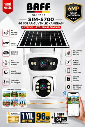 SIM-5700 6MP 4G SIM Kartlı Solar Güvenlik Kamerası Çift Lens PTZ Renkli Gece Görüşlü + 96GB SIM Kart ve 64GB Hafıza Kartı Dahil