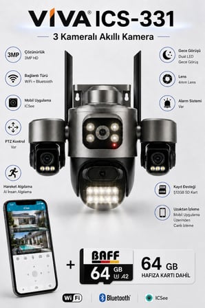 ICS-331 3 Kameralı Akıllı Dış Mekan PTZ WiFi Güvenlik Kamerası (3MP, ICSee, AI İnsan Takip, Çift Yönlü Ses) + 64 GB Hafıza Kartı Dahil