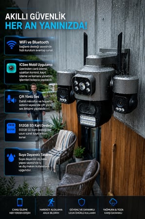 ICS-331 3 Kameralı Akıllı Dış Mekan PTZ WiFi Güvenlik Kamerası (3MP, ICSee, AI İnsan Takip, Çift Yönlü Ses) + 64 GB Hafıza Kartı Dahil