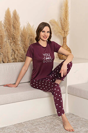 Kadın Desenli Bisiklet Yaka Düğmesiz Milan Yazlık Kısa Kol Pijama Takımı