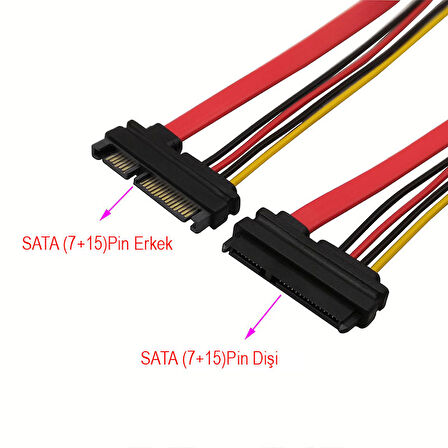 Sata data 7+15 pin power uzatma kablosu 22 pin sata data power uzatma kablosu 50 cm