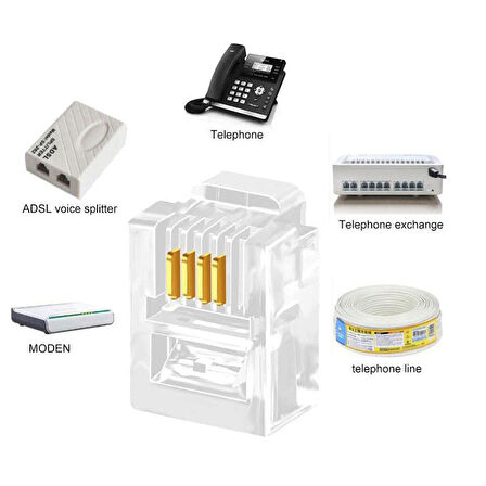 6P4C RJ11 4 Pinli Konnektör 4pinli Telefon Kablo Ucu 100'lü Paket
