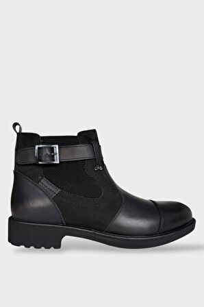 Erkek Hakiki Deri Fermuarlı Bant Detaylı Bot SİYAH