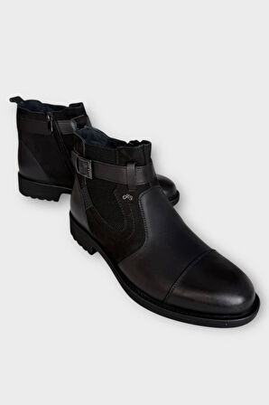 Erkek Hakiki Deri Fermuarlı Bant Detaylı Bot SİYAH
