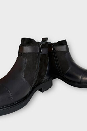 Erkek Hakiki Deri Fermuarlı Bant Detaylı Bot SİYAH